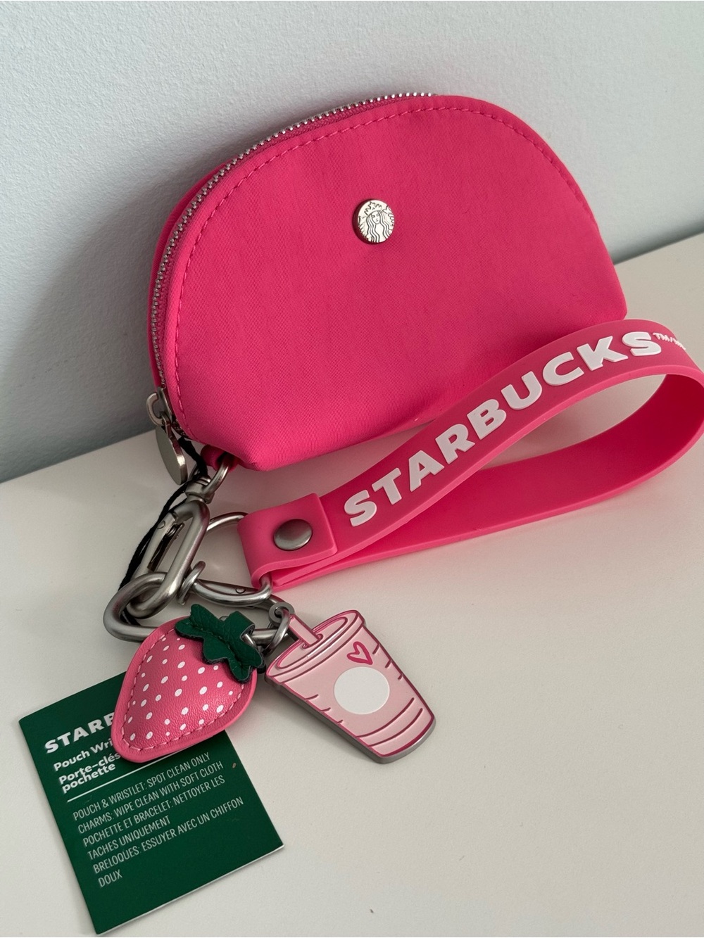 🍓 Starbucks Pink Wristlet Coin Pouch w/ Charm Strap and Strawberry & Cup Charm